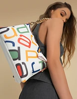 Bolso tipo bandolera en color blanco con grabado letras prada multicolor