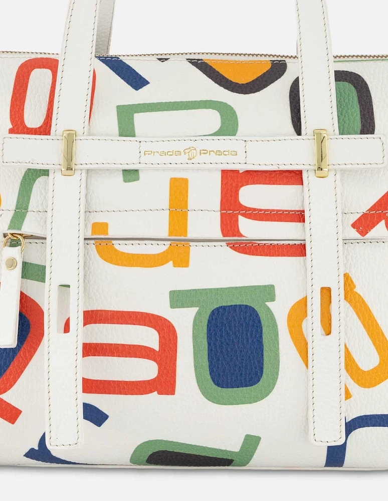 Bolso tipo bowling en color blanco con grabado letras prada multicolor