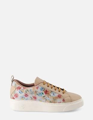 Tenis con estampado floral multicolor en piel color nude para mujer