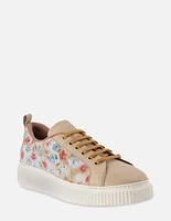 Tenis con estampado floral multicolor en piel color nude para mujer