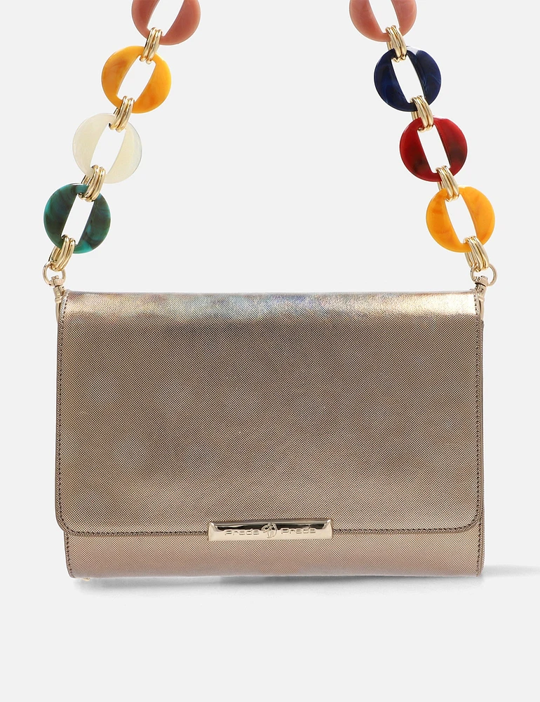 Bolso clutch en piel metalizada oro  con efecto caleidoscopio