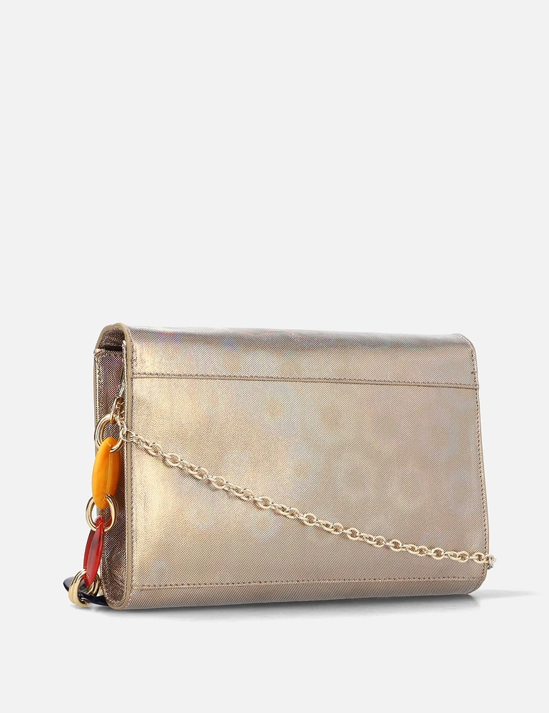 Bolso clutch en piel metalizada oro  con efecto caleidoscopio