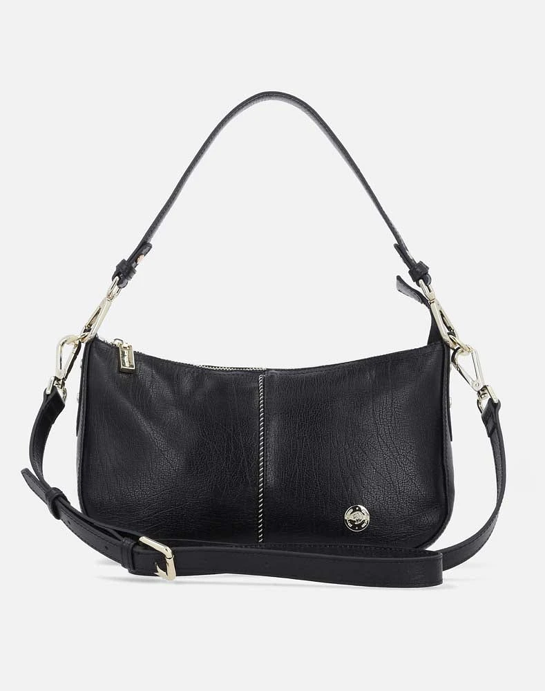 Mini bolso en piel negra y botón prada para mujer