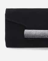 Bolso clutch de ante negra con muñequera de piedrería para mujer