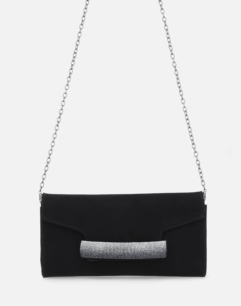 Bolso clutch de ante negra con muñequera de piedrería para mujer