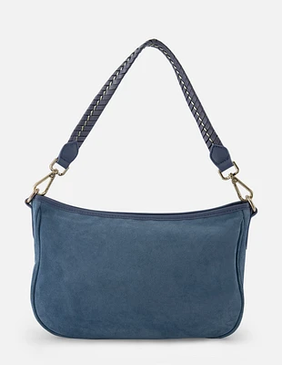 Bolso bandolera de ante con detalle de piel trenzada en color azul para mujer