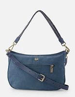 Bolso bandolera de ante con detalle de piel trenzada en color azul para mujer