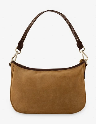 Bolso bandolera de ante con detalle de piel trenzada en color cuero para mujer