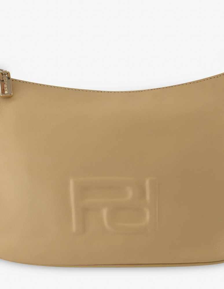 Bolso bandolera con grabado “Pd” en piel color arena para mujer