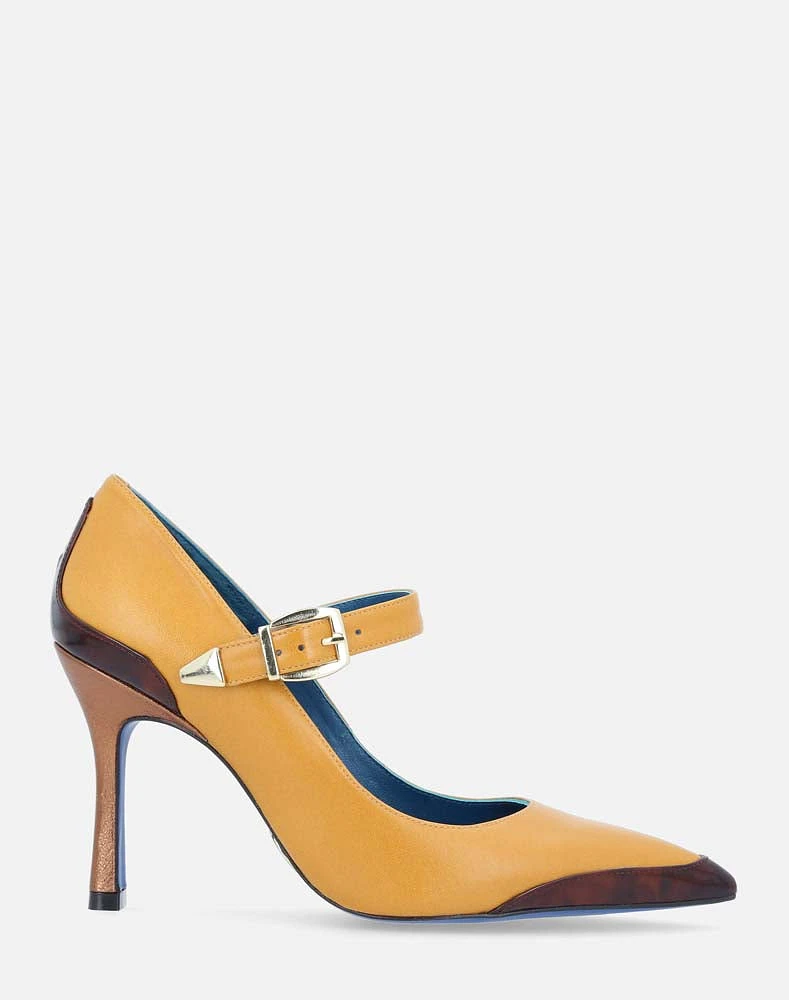 Zapatilla en piel color  amarillo punta para mujer