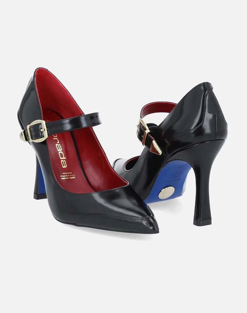 Zapato tipo Mary Jane en piel florantic color negro y hebilla niquel para mujer