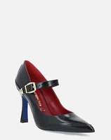 Zapato tipo Mary Jane en piel florantic color negro y hebilla niquel para mujer