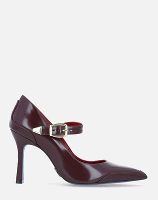 Zapato tipo Mary Jane en piel florantic color vino y hebilla niquel para mujer