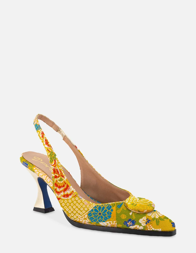 Zapatilla destalonada  en textil con diseño oriental color amarillo para mujer