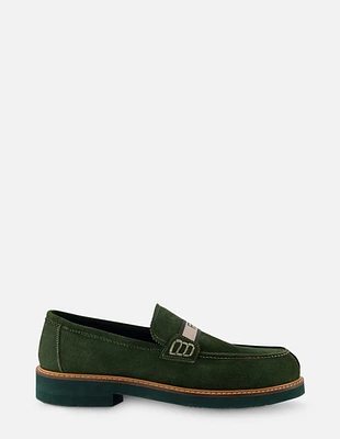 Mocasín en piel ante color verde con letras Pd para hombre