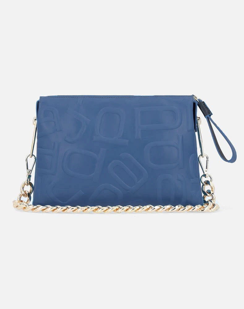 Bolso bandolera en piel color azul con grabado letras descompuestas Prada para mujer