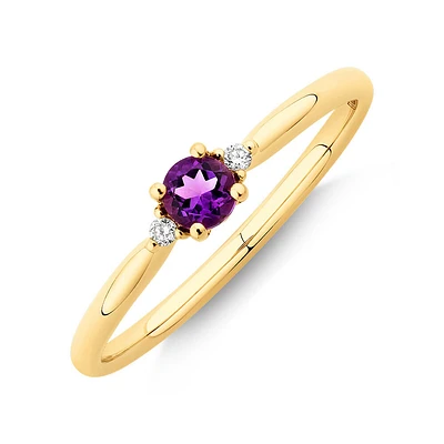 3 Stone Ring with Amethyst & Diamonds in 10kt Yellow Gold