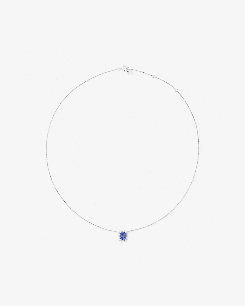 Pendentif Halo Avec Tanzanite Bleue Taille Émeraude Et 0,17 Carat Pt De Diamants En Or Blanc 14 Ct