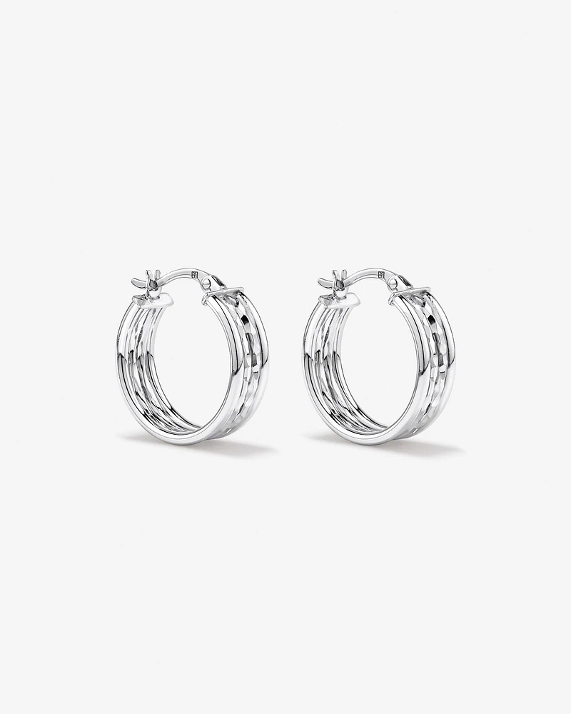 Boucles D'Oreilles Créoles À Quatre Rangs Avec Texture Diamantée Et Surface Lisse En Argent Sterling