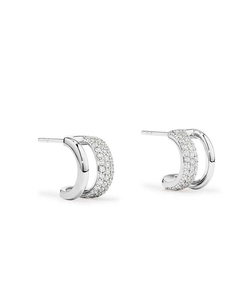 Cubic Zirconia Double Hoop Stud Earrings in Sterling Silver