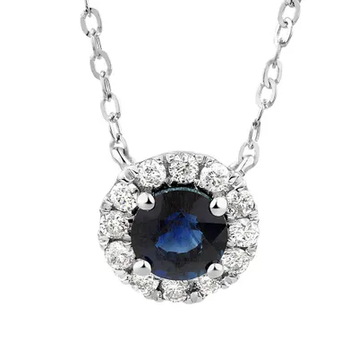 Halo Pendant with Sapphire & 0.14 Carat TW of Diamonds in 10kt White Gold