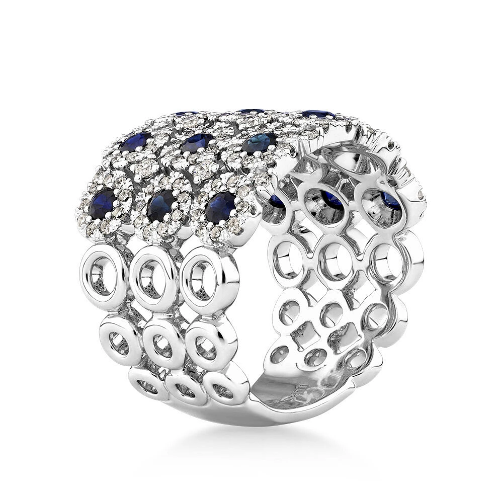 3 Row Bubble Ring with Sapphire and 1.12 Carat TW Diamonds in 14kt White Gold