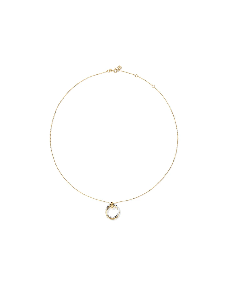 Two-Tone Double Circle Pendant Hammered Finish Necklace in 10kt White and Yellow Gold