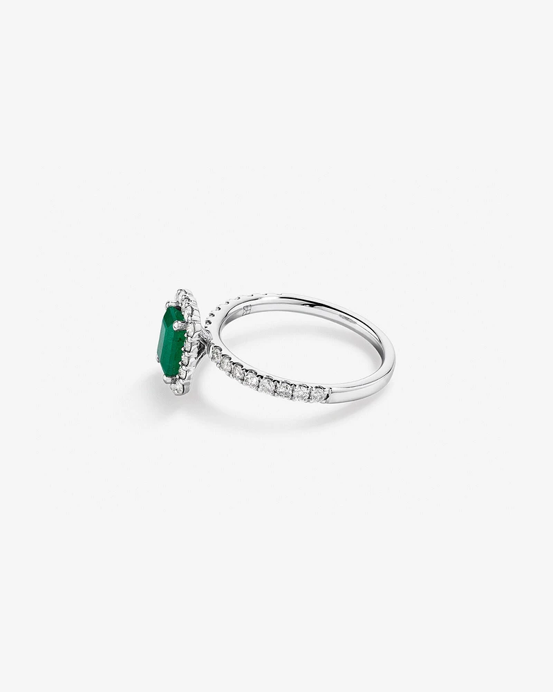 Emerald Cut Green Emerald Gemstone and 0.60 Carat TW Diamond Halo Ring in 14kt White Gold