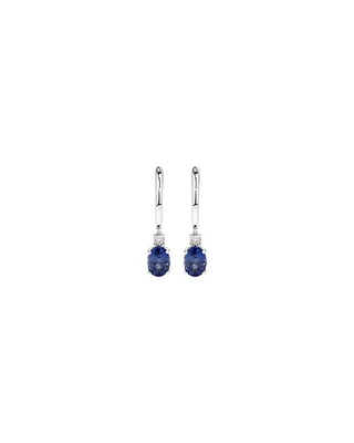 Oval Cut Blue Created Ceylon Sapphire Gemstone and Diamond Drop Huggie Earrings in Sterling Silver