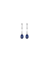 Oval Cut Blue Created Ceylon Sapphire Gemstone and Diamond Drop Huggie Earrings in Sterling Silver