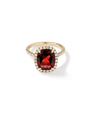 Cushion Cut Red Garnet Gemstone and Diamond Halo Ring in 10kt Yellow Gold