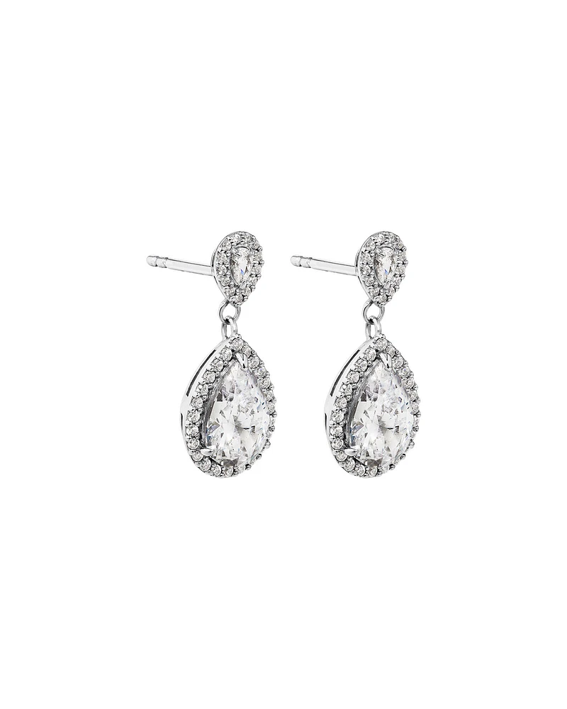 Pear Cubic Zirconia Halo Drop Stud Earrings in Sterling Silver