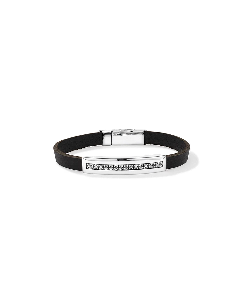 Men's Silver & Leather 21cm Bracelet with 0.40 Carat TW of Black Diamonds