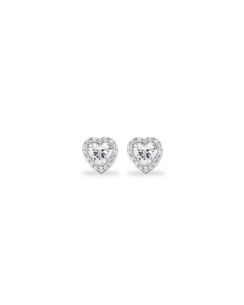 Heart Shape Cubic Zirconia Halo Stud Earrings in Sterling Silver