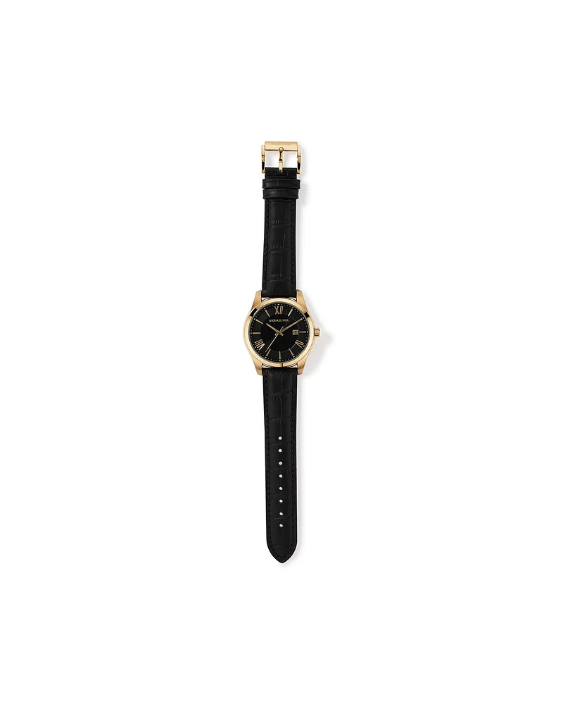 Men's Watch in Stainless Steel, Gold Tone & Black Leather