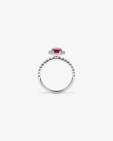 Oval Cut Red Ruby Gemstone and 0.60 Carat TW Diamond Halo Ring in 14kt White Gold