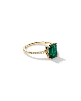 Emerald Cut Green Created Emerald Gemstone and Diamond Ring in 10kt Yellow Gold