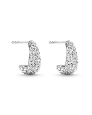 Cubic Zirconia Pave Half Hoop Dome Stud Earrings in Sterling Silver