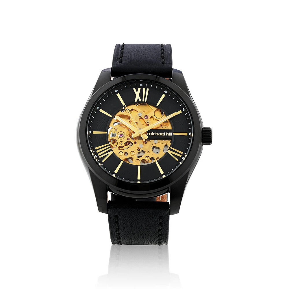 Michael Hill Automatic Skeleton Watch In Rose Tone Stainless Steel And Leather