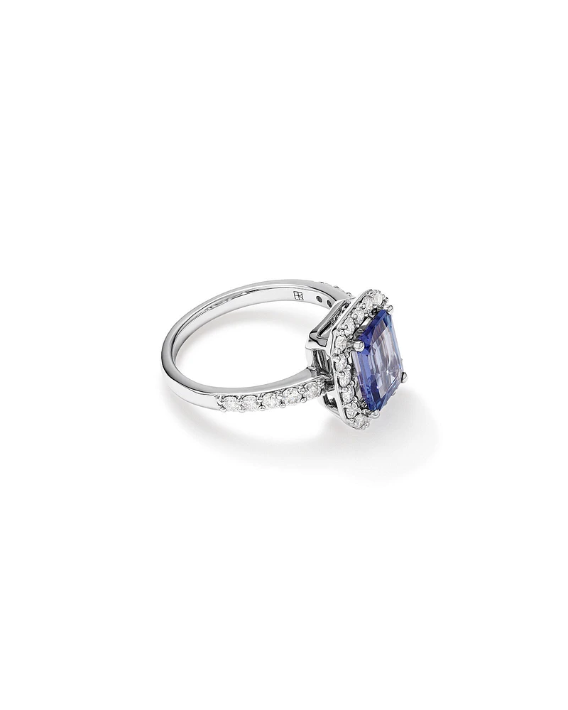 Emerald Cut Blue Tanzanite Gemstone and 0.75 Carat TW Diamond Halo Ring in 14kt White Gold