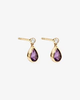 Pear Cut Purple Amethyst and Diamond Drop Stud Earrings Bezel Set in 10kt Yellow Gold