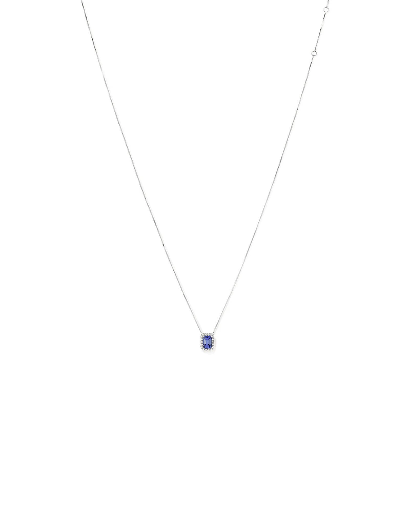 Pendentif Halo Avec Tanzanite Bleue Taille Émeraude Et 0,17 Carat Pt De Diamants En Or Blanc 14 Ct