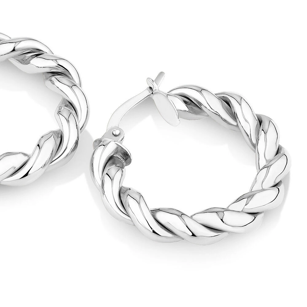 Croissant Twist 15mm Hoop Earrings in Sterling Silver