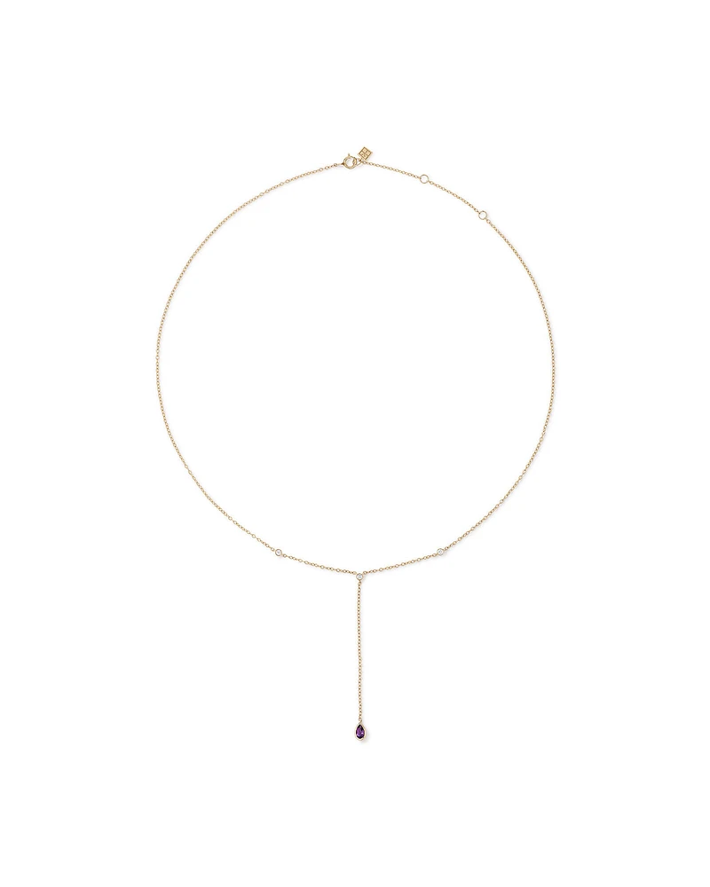 Pear Cut Purple Amethyst Gemstone and Diamond Lariat Necklace in 10kt Yellow Gold