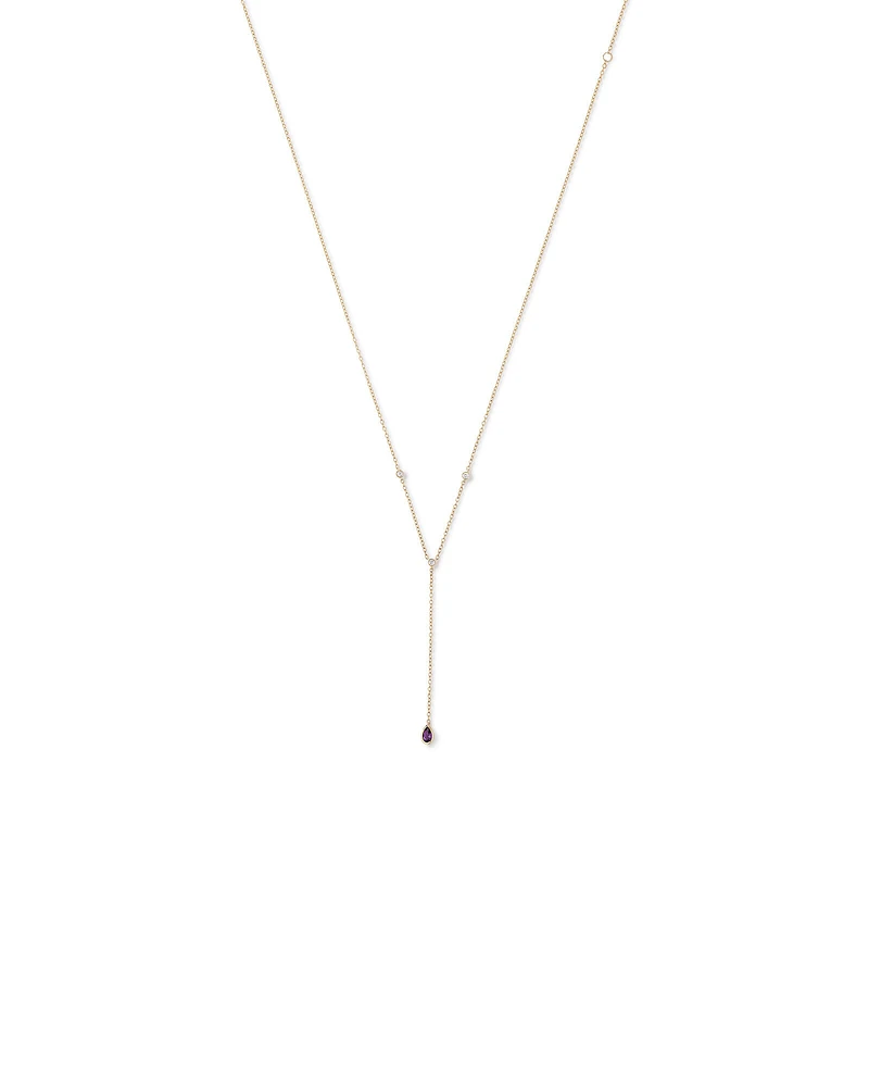 Collier Lariat Avec Améthyste Violette Taille Poire Et Diamants En Or Jaune 10 Ct