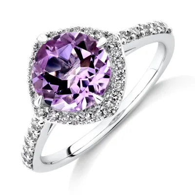 Halo Ring with Amethyst & 0.34 Carat TW of Diamonds 10kt White Gold