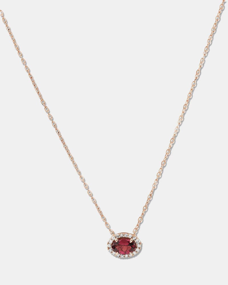 Halo Necklace with Rhodolite Garnet & Diamonds in 10kt Rose Gold