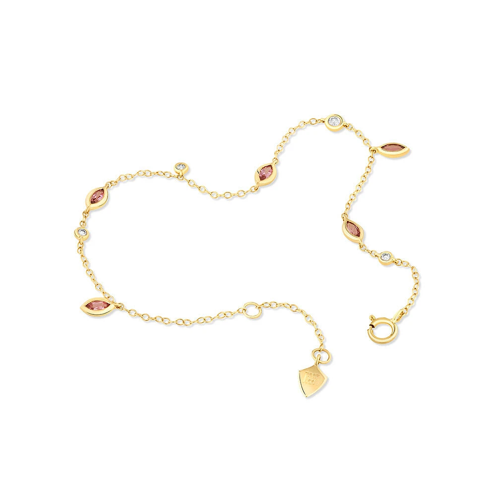 Pink Tourmaline and Diamond Station Bracelet in 10kt Yellow Gold