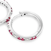 Ruby & Diamond Dot Dash Hoop Earrings with 0.14 Carat TW in 10kt White Gold