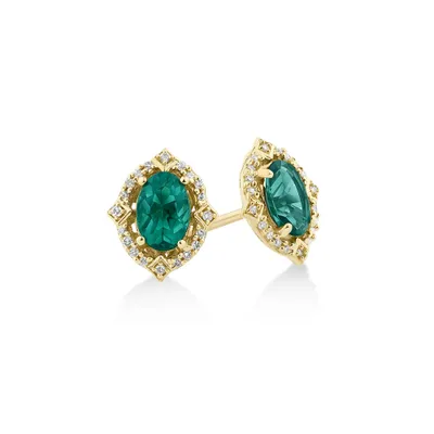 Halo Earrings with Laboratory Created Emerald & Natural Diamonds in 10kt Yellow Gold